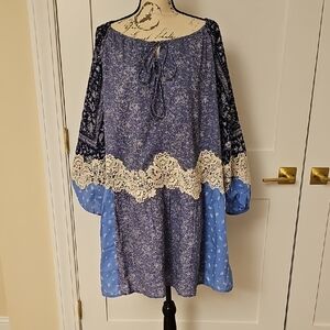 LOFT Lace Paisley Tie Mini Pocket Blue and Cream Dress